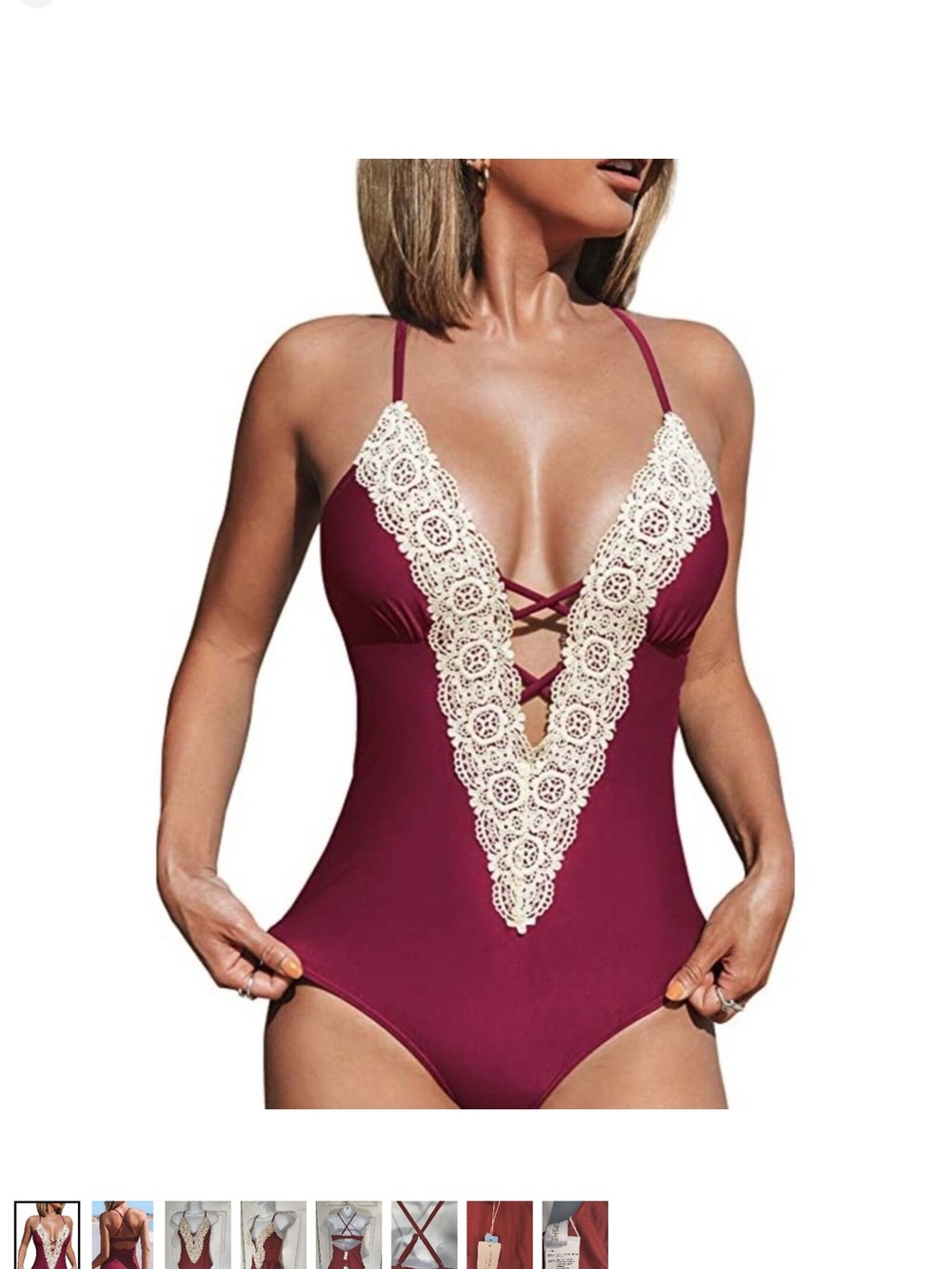 Cupshe Burgundy One-Piece Swimsuit with Cream Lace Trim